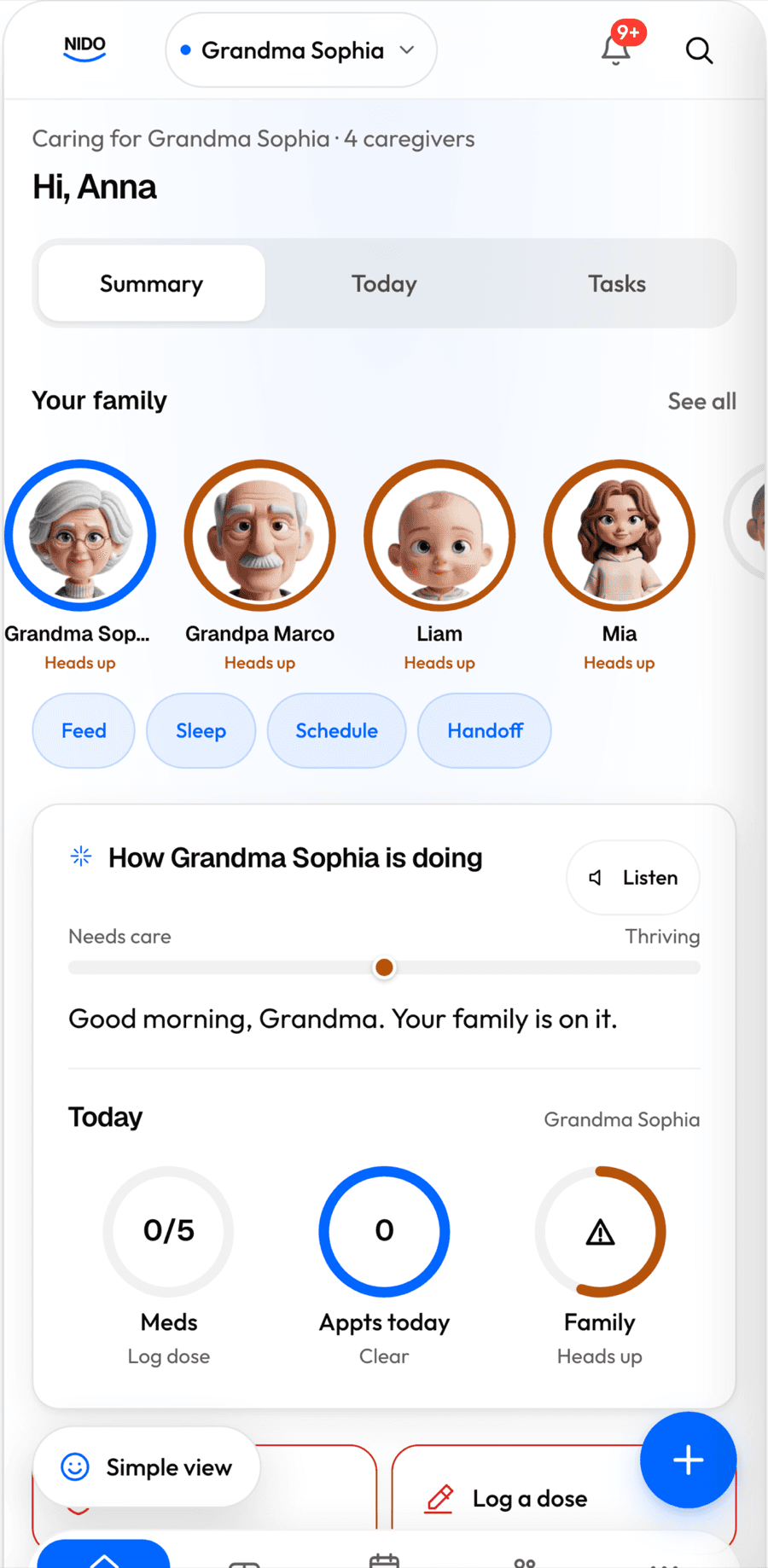 Nido home screen: the family being cared for, today's doses and appointments