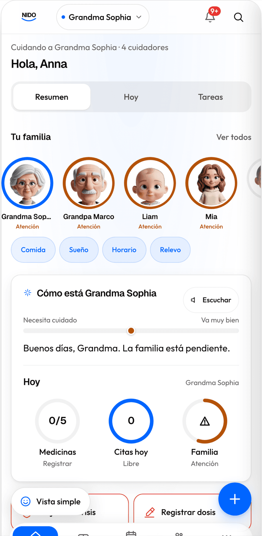 Pantalla de inicio de Nido: la familia que cuidas, las dosis y citas de hoy
